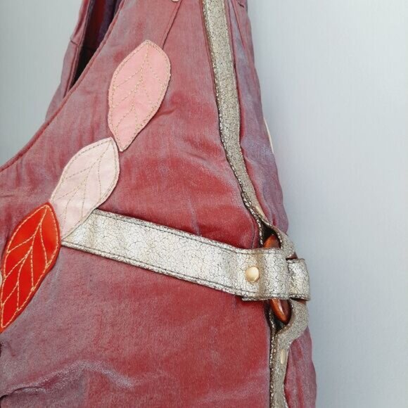 LOOP Boho Crossbody Hobo Leaf Applique Purse Shoulder Bag Mauve - Picture 6 of 15